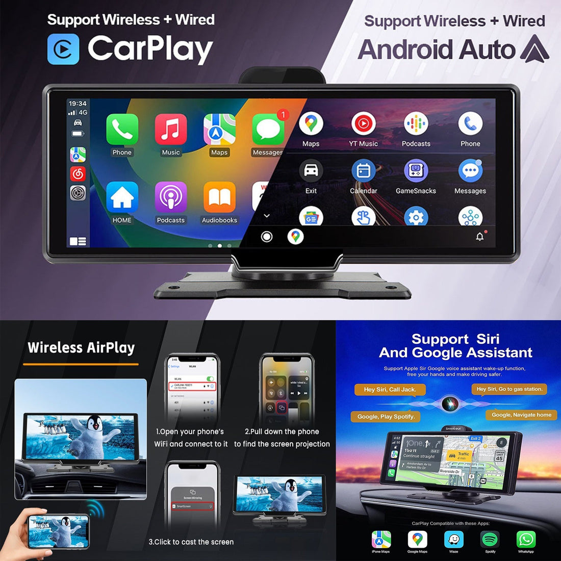 10.26-inch Portable Car Central Control Smart Screen with Wireless CarPlay, Android Auto, Bluetooth, and AHD Backup Camera eprolo
