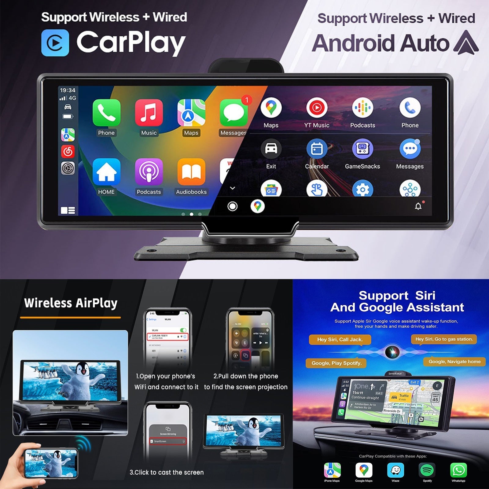 10.26-inch Portable Car Central Control Smart Screen with Wireless CarPlay, Android Auto, Bluetooth, and AHD Backup Camera eprolo