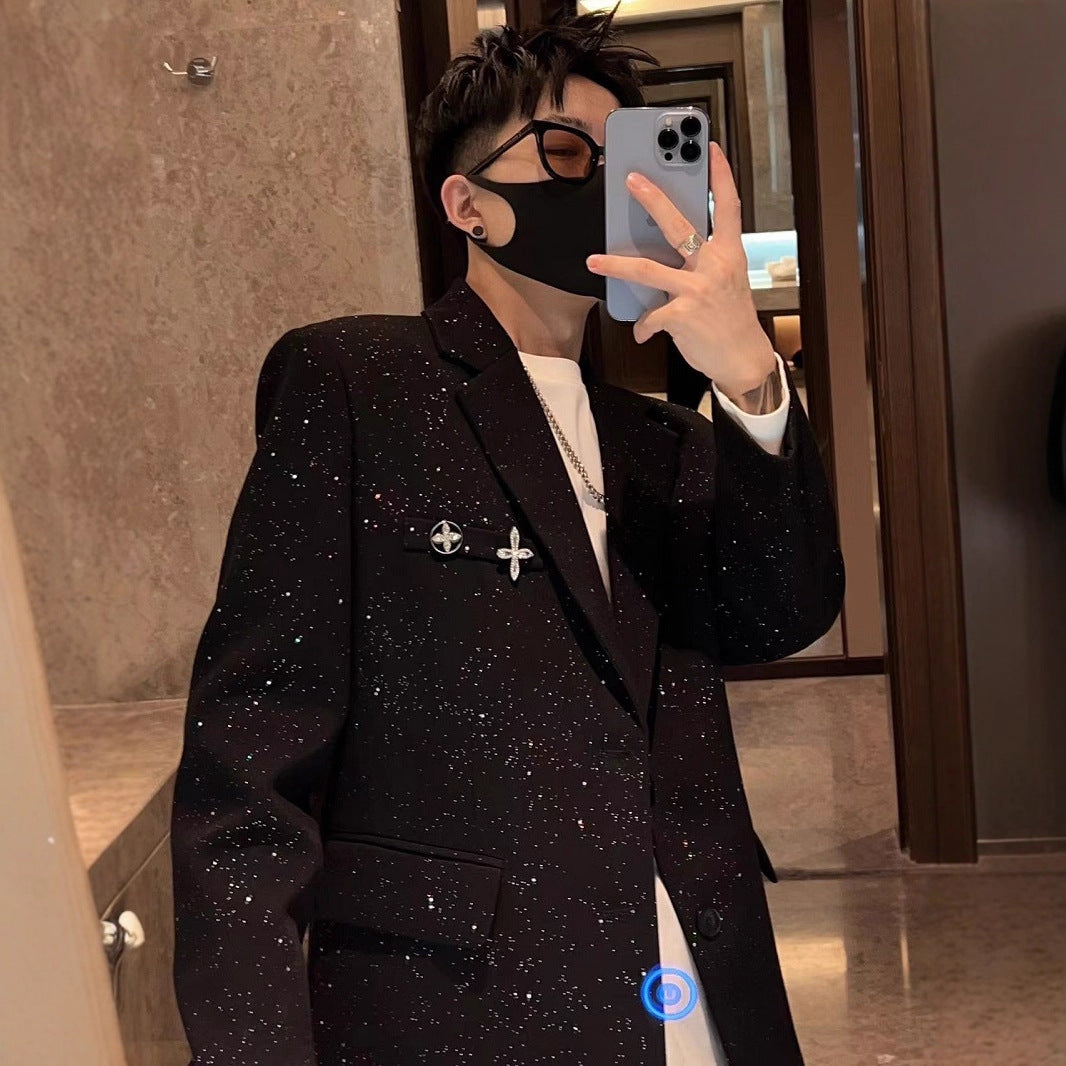 Suit Jacket Men Spring Autumn Casual Trendy Nightclub Single Suit Shoulder PadTrendy Sequin Starry Sky Small Suit High-end eprolo