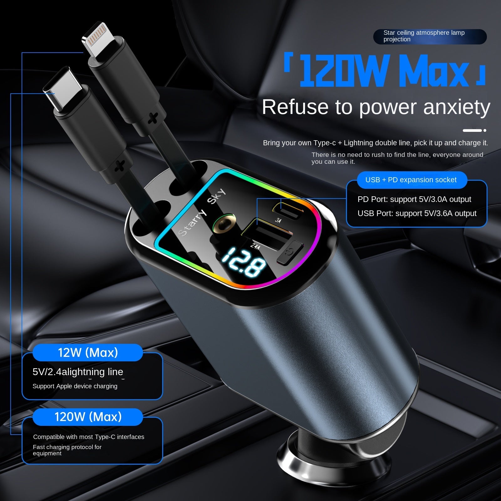 New C9 Starry Sky Fast Charging 120W Retractable Car Charger with 4-in-1 Multi-functional Digital Display eprolo